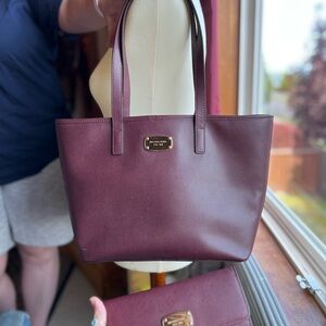 Michael Kors Burgundy Leather Tote Bag with Matching Wallet